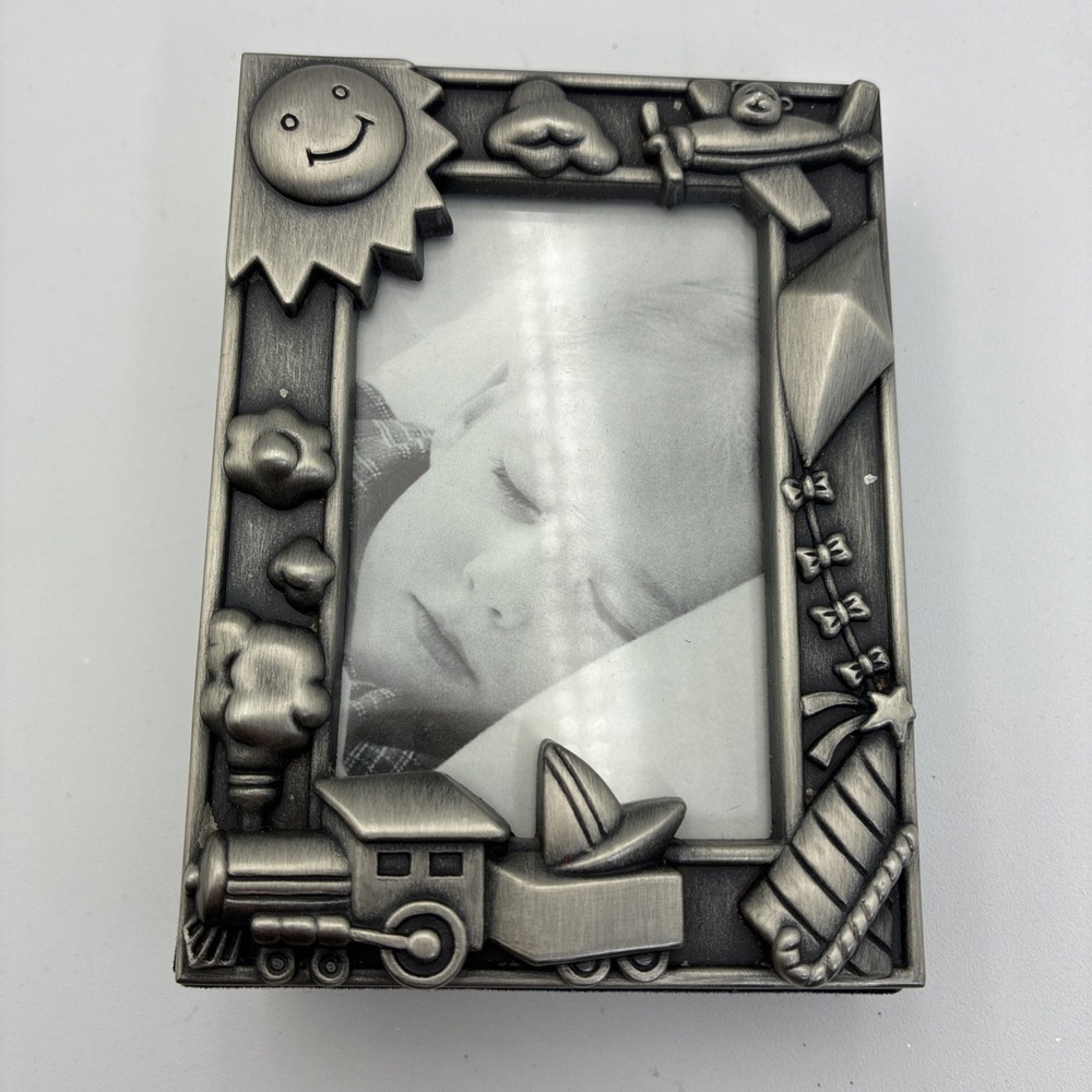 Pewter Tone Baby Brag Book Mini Photo Album Nursery Theme Train Plane Boat